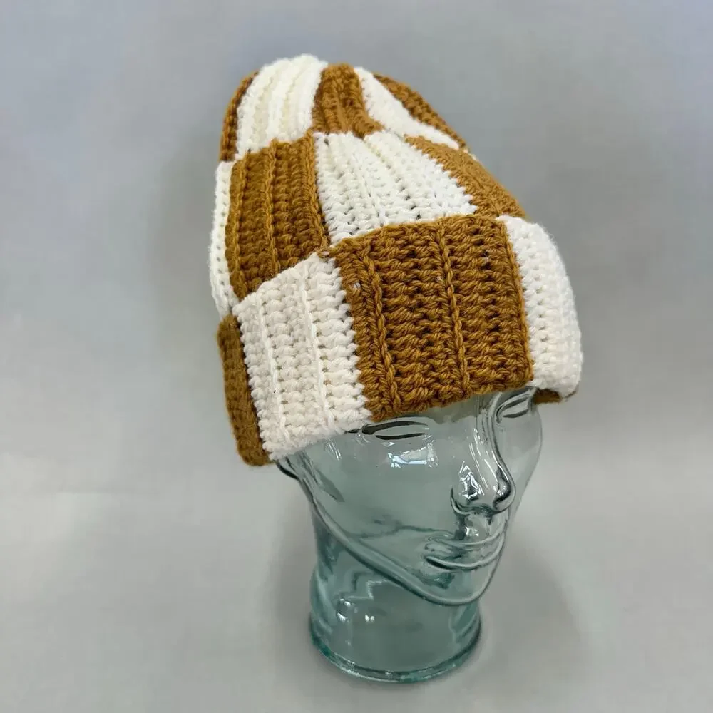 Handmade knit colorblock ivory and golden mustard checkered stocking hat beanie